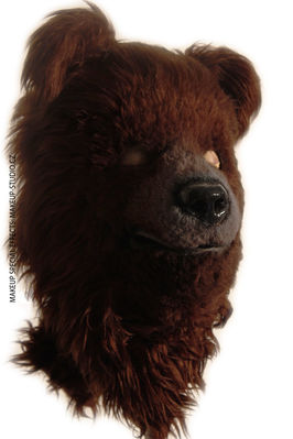 Immagine di una maschera da orso con pelo marrone scuro.