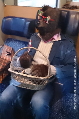 Attore seduto in una carrozza del treno, travestito da orso, con occhiali da sole e cesto in vimini.